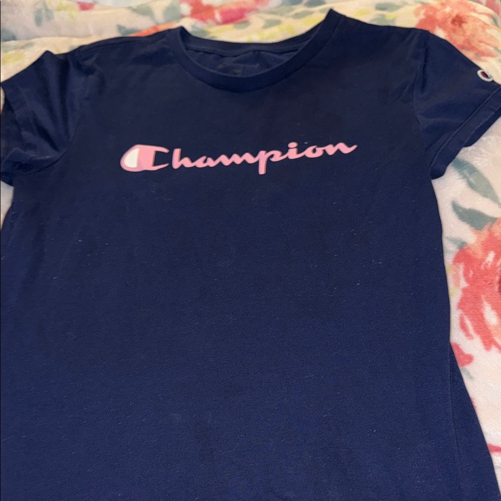 Champion Navy T‑Shirt with Pink Script Logo